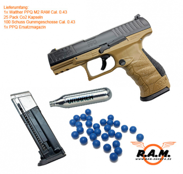 Walther PPQ M2 T4E SET in FDE, inkl.1x Ersatzmagazin, CO2 Kapseln (25x), Gummigeschosse (100x) cal 0.43 ***TOP**
