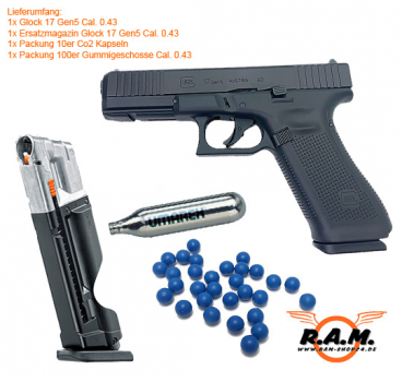 T4E Glock 17 Gen5 Set inkl Co2 Kapseln, Gummigeschosse + Ersatzmagazin