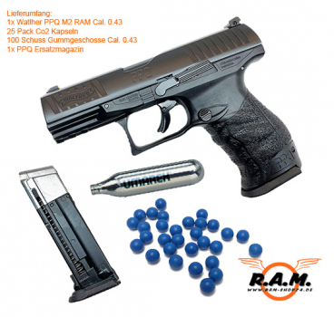 Walther PPQ M2 T4E SET, inkl. CO2 Kapseln (25x), Gummigeschosse (100x) + Ersatzmagazin, cal 0.43