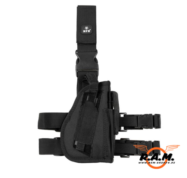Pistolenbeinholster, schwarz, mit Beingurt und Gürtelschlaufe, rechts