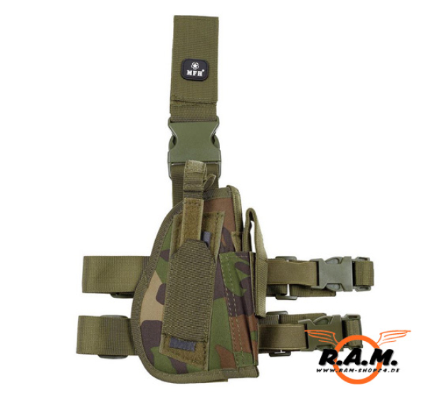 Pistolenbeinholster, woodland, mit Beingurt und Gürtelschlaufe, rechts