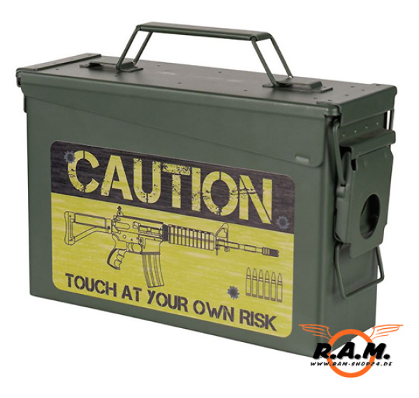 US Munitionskiste "Caution" , Cal. 30mm, 27,6 x 9,6 x 18cm, oliv