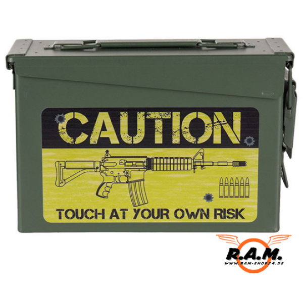 US Munitionskiste "Caution" , Cal. 30mm, 27,6 x 9,6 x 18cm, oliv