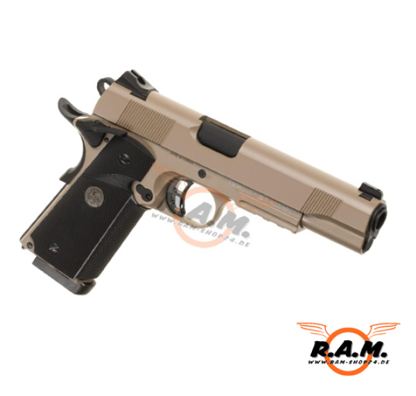 Softairpistole KJ Works M1911 MEU Full Metal GBB, Tan