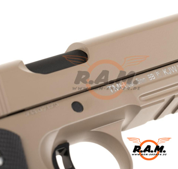 Softairpistole KJ Works M1911 MEU Full Metal GBB, Tan
