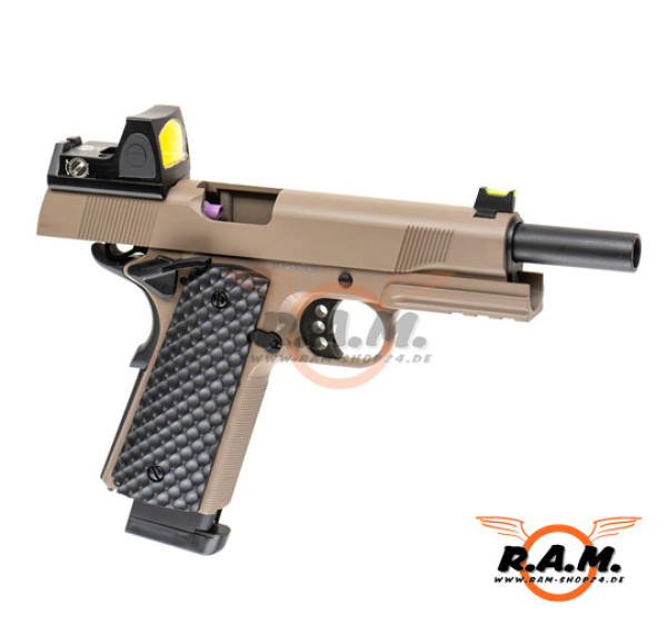 Softairpistole Raven MEU Railed + BDS GBB (M1911), Tan