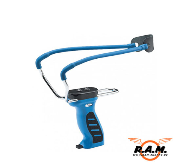 Steinschleuder Mod. BIG mit Kugelspender, blau m. blauem Gummi
