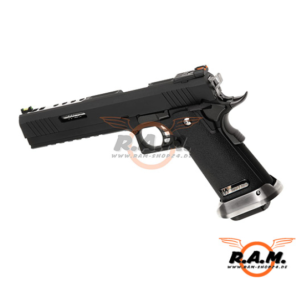 WE Softairpistole Hi-Capa 6 Force A Silver Barrel Full Metal GBB, schwarz