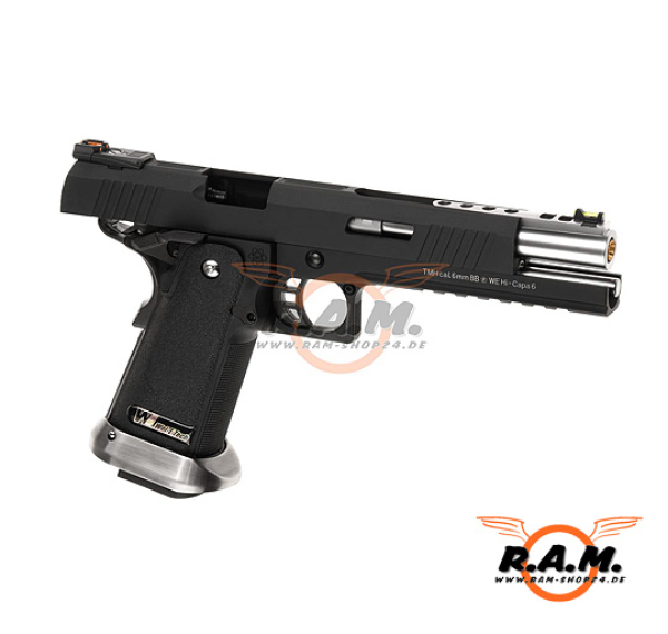 WE Softairpistole Hi-Capa 6 Force A Silver Barrel Full Metal GBB, schwarz