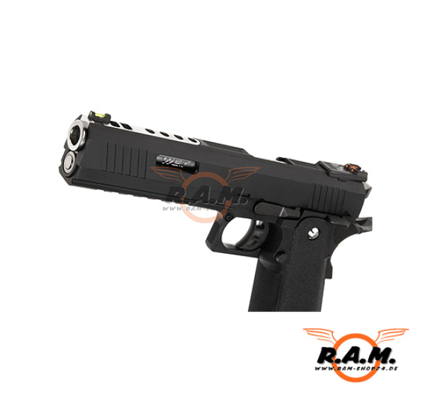 WE Softairpistole Hi-Capa 6 Force A Silver Barrel Full Metal GBB, schwarz