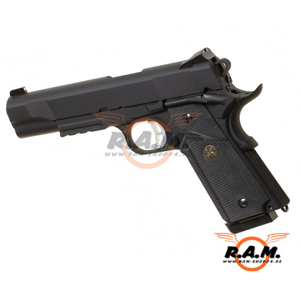 Softairpistole KJ Works M1911 MEU Full Metal GBB, schwarz