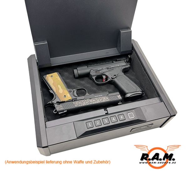 Biometrischer Pistolentresor mit Fingerabdruck, Code & Schlüssel – für 2 Pistolen & Magazine